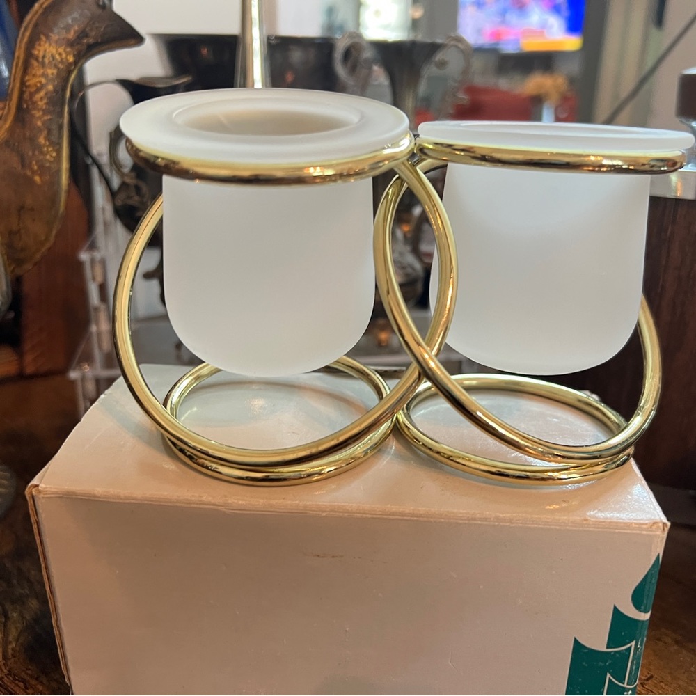 Partylite GEMINI Intertwined Pair Brass Frosted Glass Votive Tealight Holders